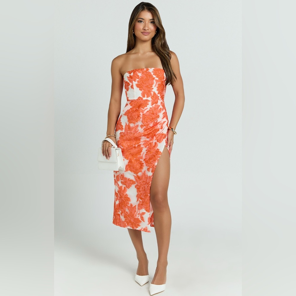 Showpo Midi Dress- Thigh Split Strapless Dress in Orange and White Jacquard